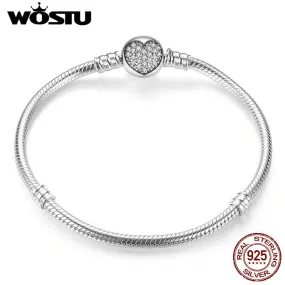 Luxury 100% 925 Sterling Silver Sparkling Heart Snake Chain Fit Original  Charm Bracelet & Bangle For Women Fine Jewelry XCHS916