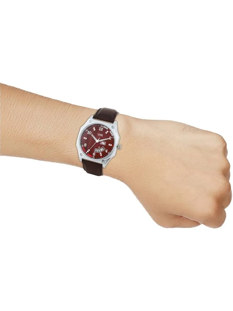 Men's Stylish Maroon Synthetic Leather Analog Watches