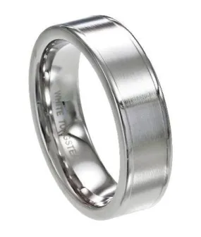 Men's White Tungsten Ring with Flat Satin Finish and Polished Edges | 7mm