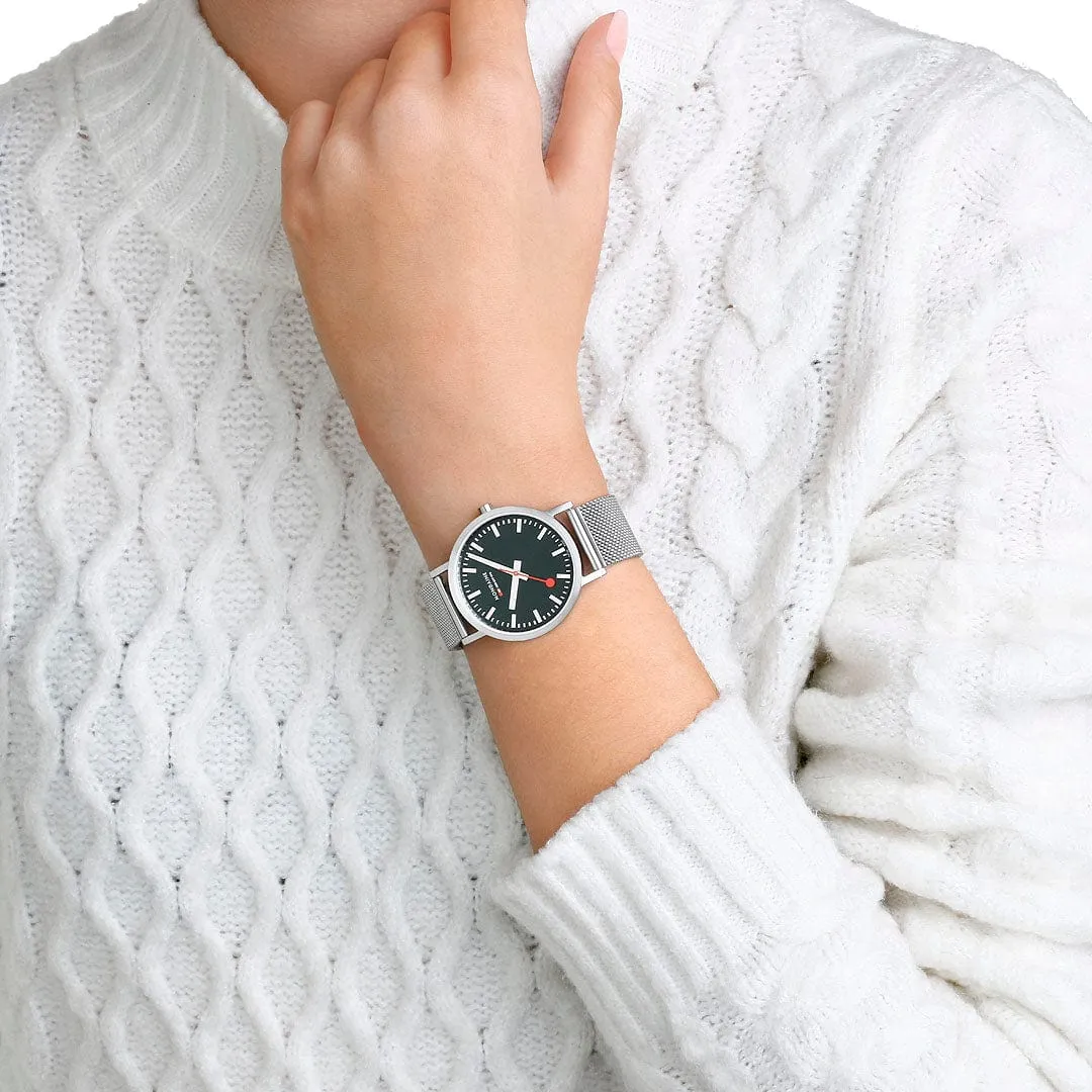 MONDAINE CLASSIC FOREST GREEN PETITE SILVER-CASE WATCH A660.30314.60SBJ  36MM