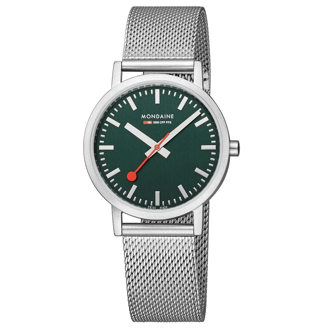MONDAINE CLASSIC FOREST GREEN PETITE SILVER-CASE WATCH A660.30314.60SBJ  36MM