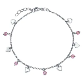 Multi Heart Crystal Pink Anklet Ankle Bracelet Sterling Silver 9-10"