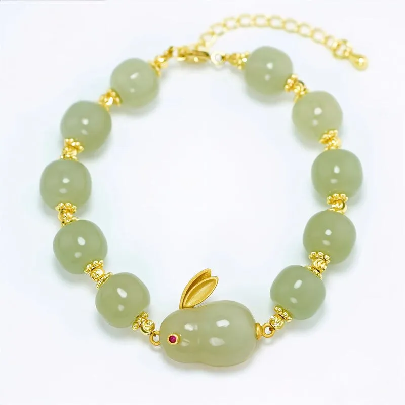 New green beaded fresh natural hetian jade bunny bracelet for women