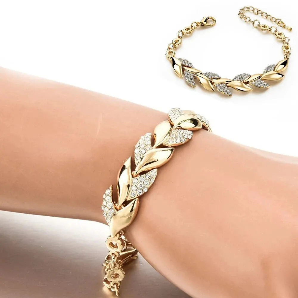 New Leaf Weave 925 Sterling Silver Gold Plated Crystal Statement Bracelet For Women Girls Trendy Jewelry