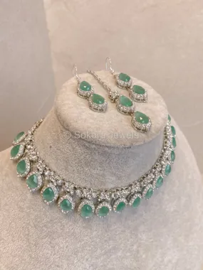 Preeti Silver Diamante Necklace Set - Mint