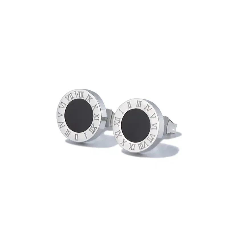 Round Roman Numerals Earrings Gothic Black Enamel Punk CZ
