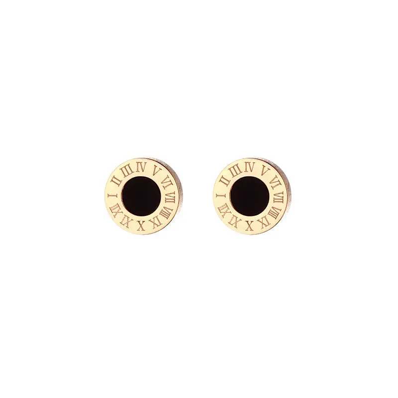Round Roman Numerals Earrings Gothic Black Enamel Punk CZ
