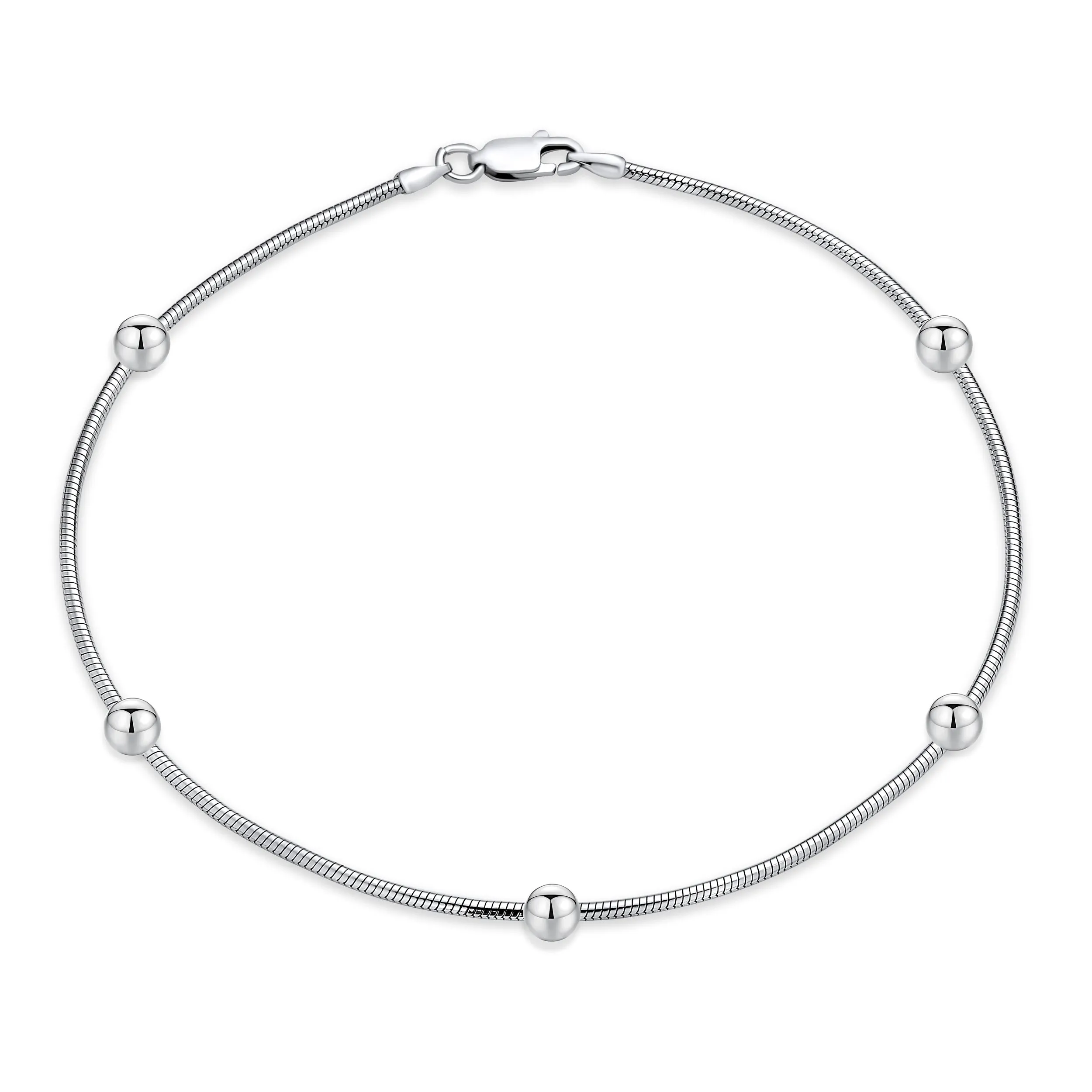 Simple Ball Bead Snake Chain Anklet Ankle Bracelet Sterling Silver 10" Italy