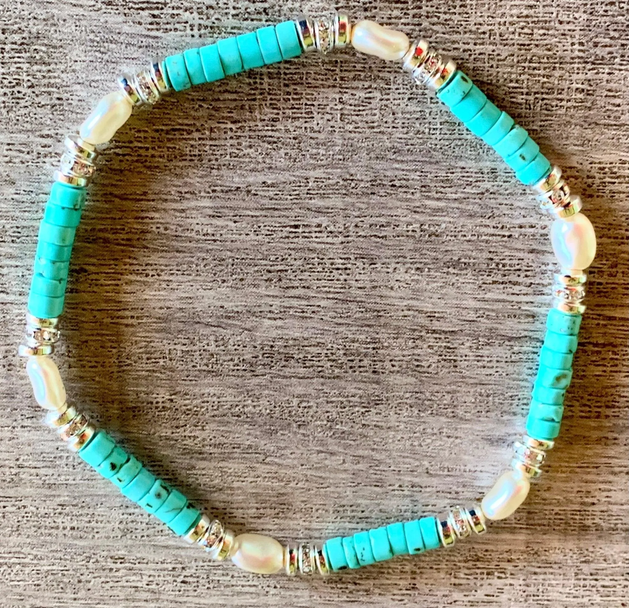 🔴SOLD🔴 Roxanne Handmade Turquoise and Pearl Expandable Bracelet/ Anklet
