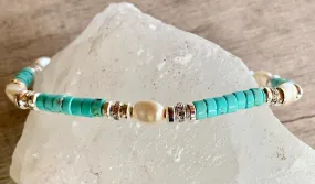 🔴SOLD🔴 Roxanne Handmade Turquoise and Pearl Expandable Bracelet/ Anklet