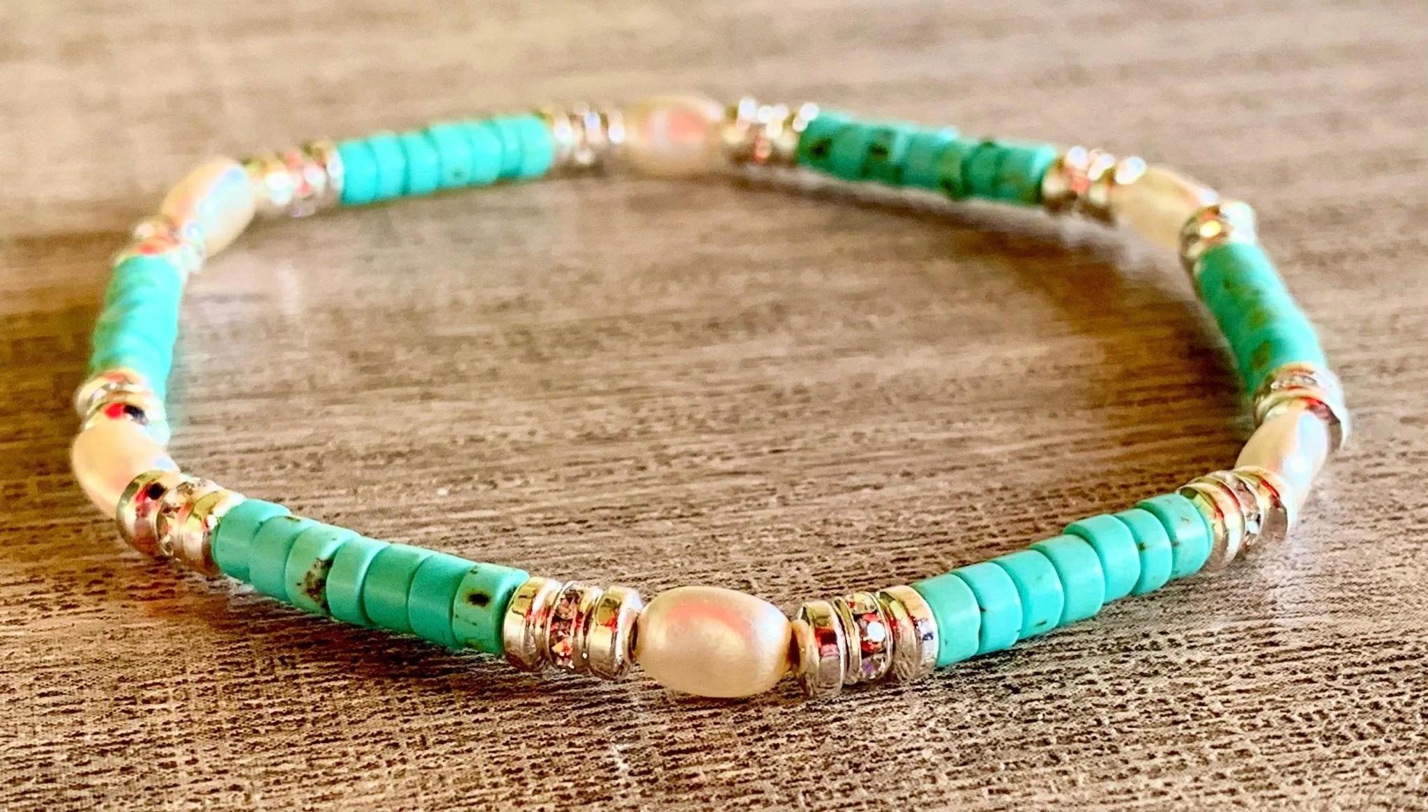 🔴SOLD🔴 Roxanne Handmade Turquoise and Pearl Expandable Bracelet/ Anklet