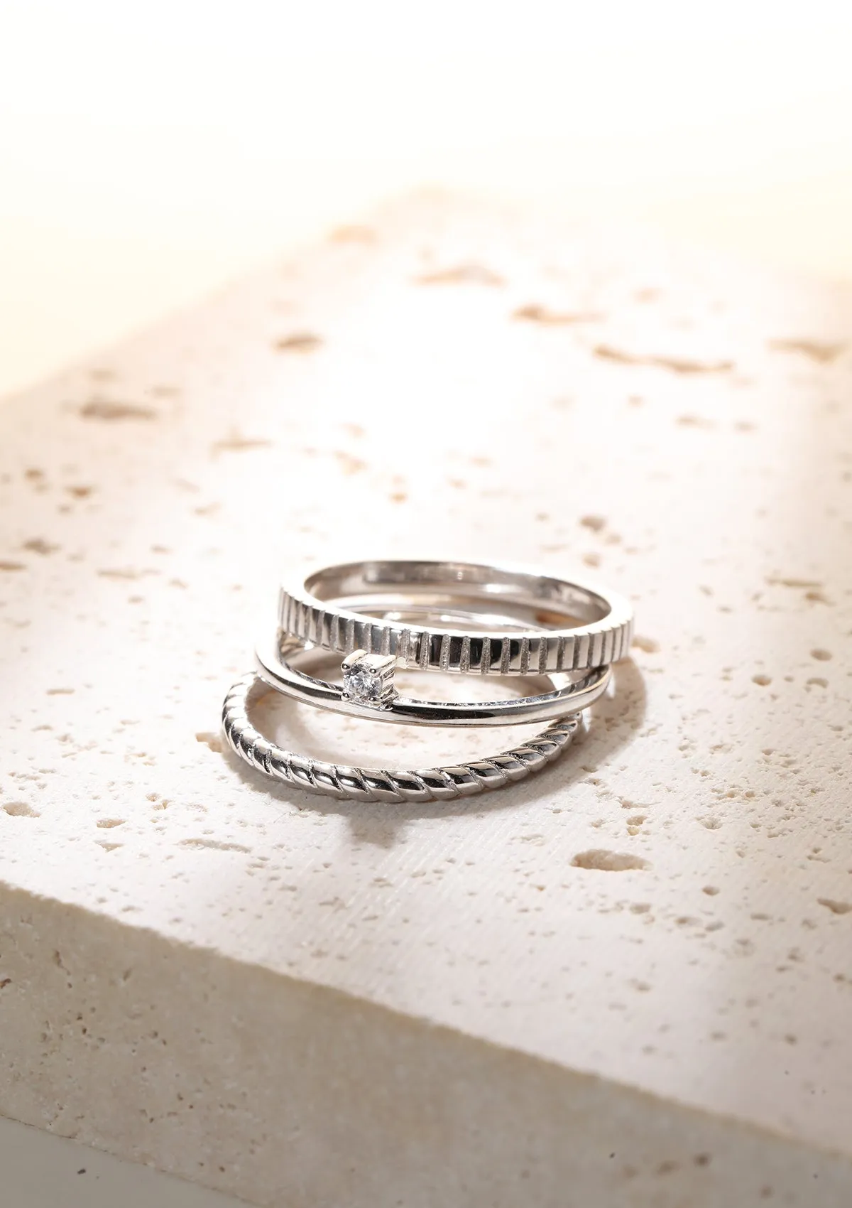 Triple Textured Ring Set Sterling Silver