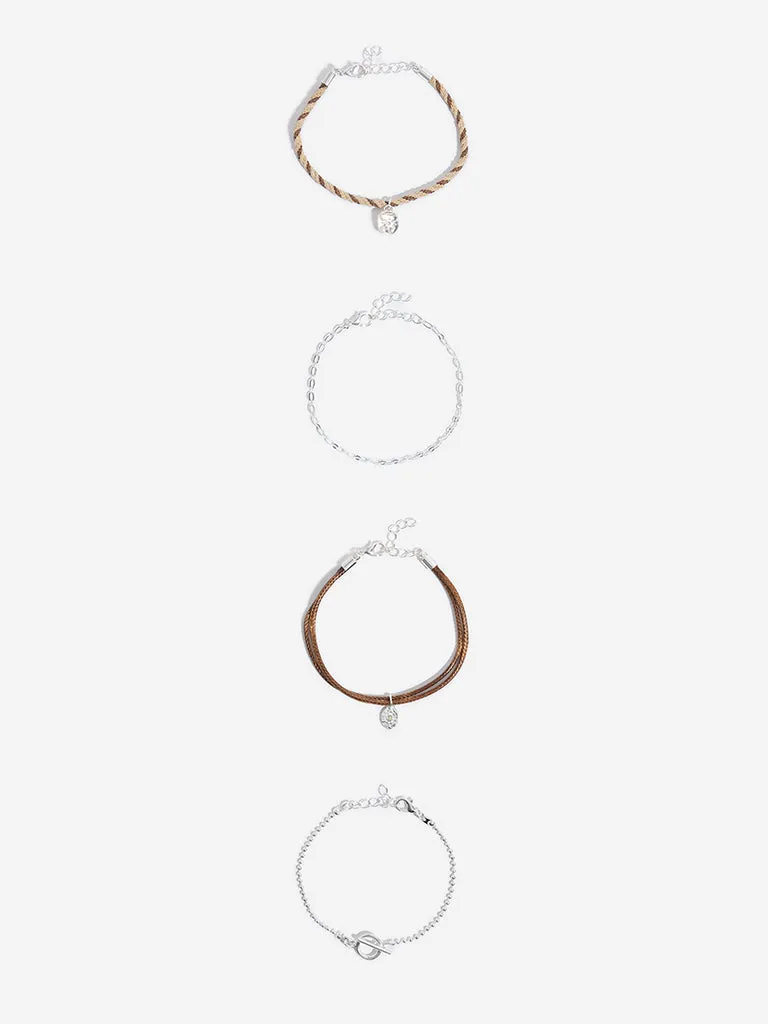 Westside Accessories Silver & Brown Charms Bracelet Set - Pack of 4