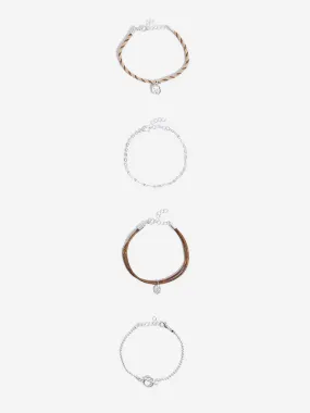 Westside Accessories Silver & Brown Charms Bracelet Set - Pack of 4