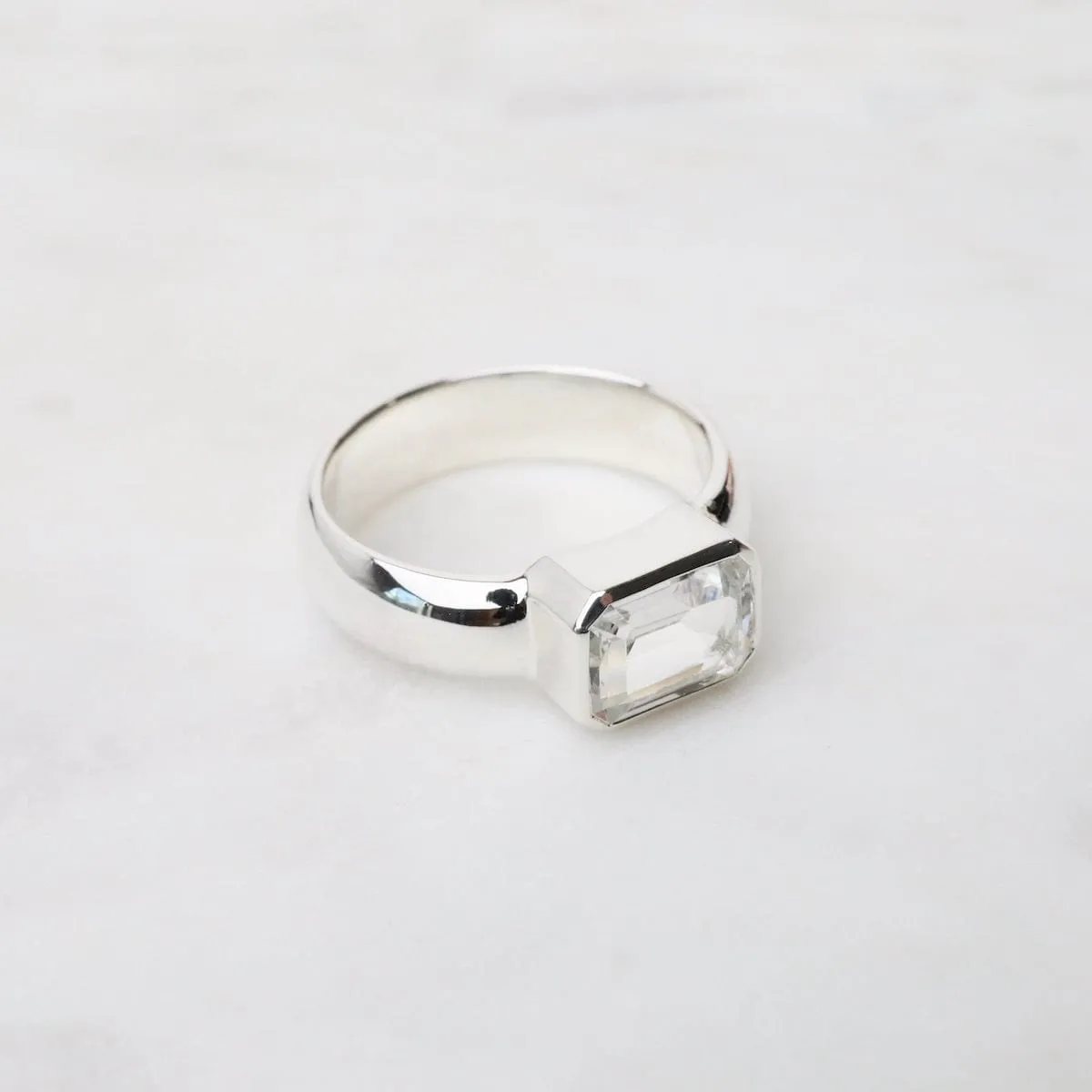 Wide Emerald Shaped White Topaz Ring -  Sterling Silver