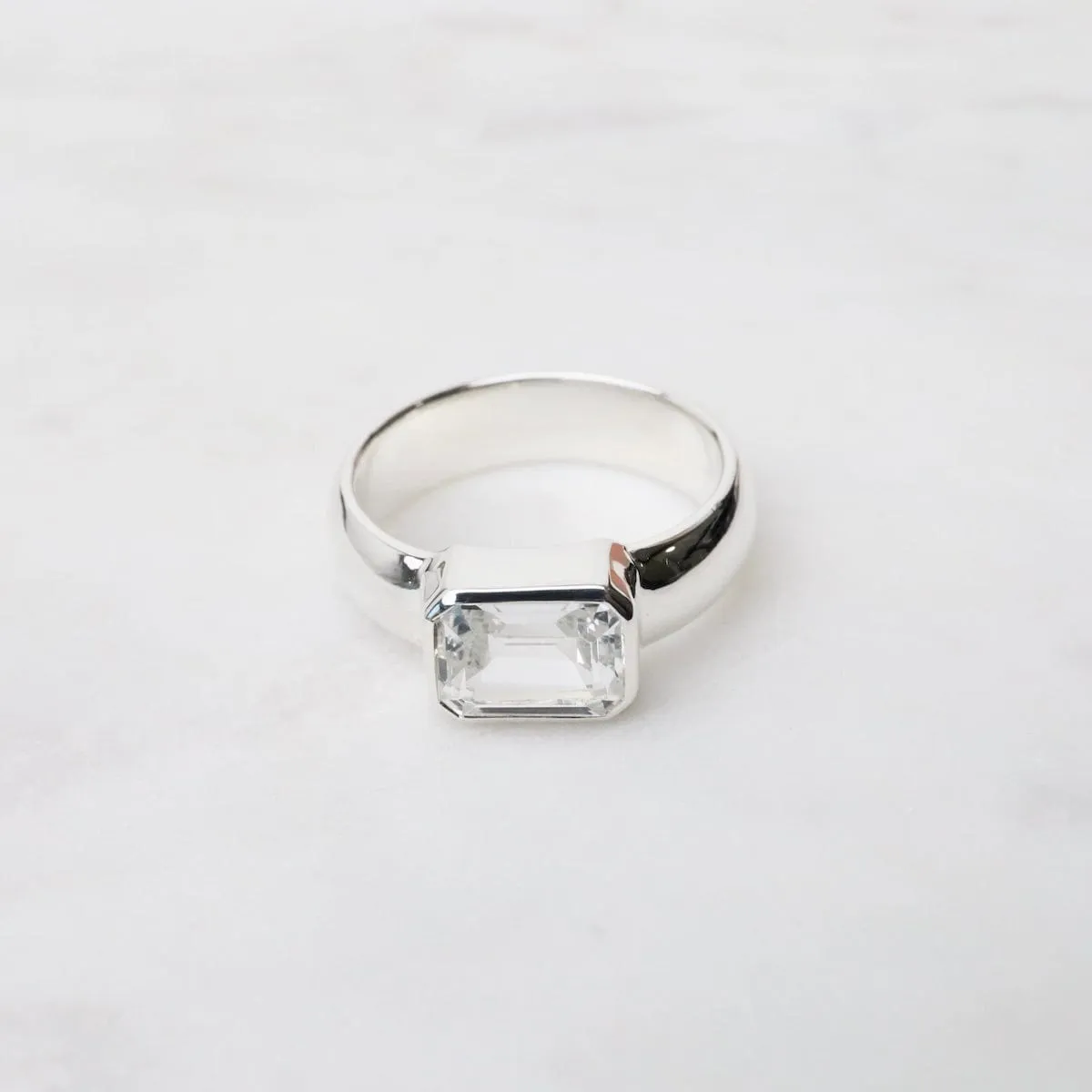 Wide Emerald Shaped White Topaz Ring -  Sterling Silver