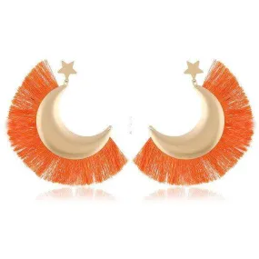 Womens Cresant Orange Gold Fringe Earrings Lightweight